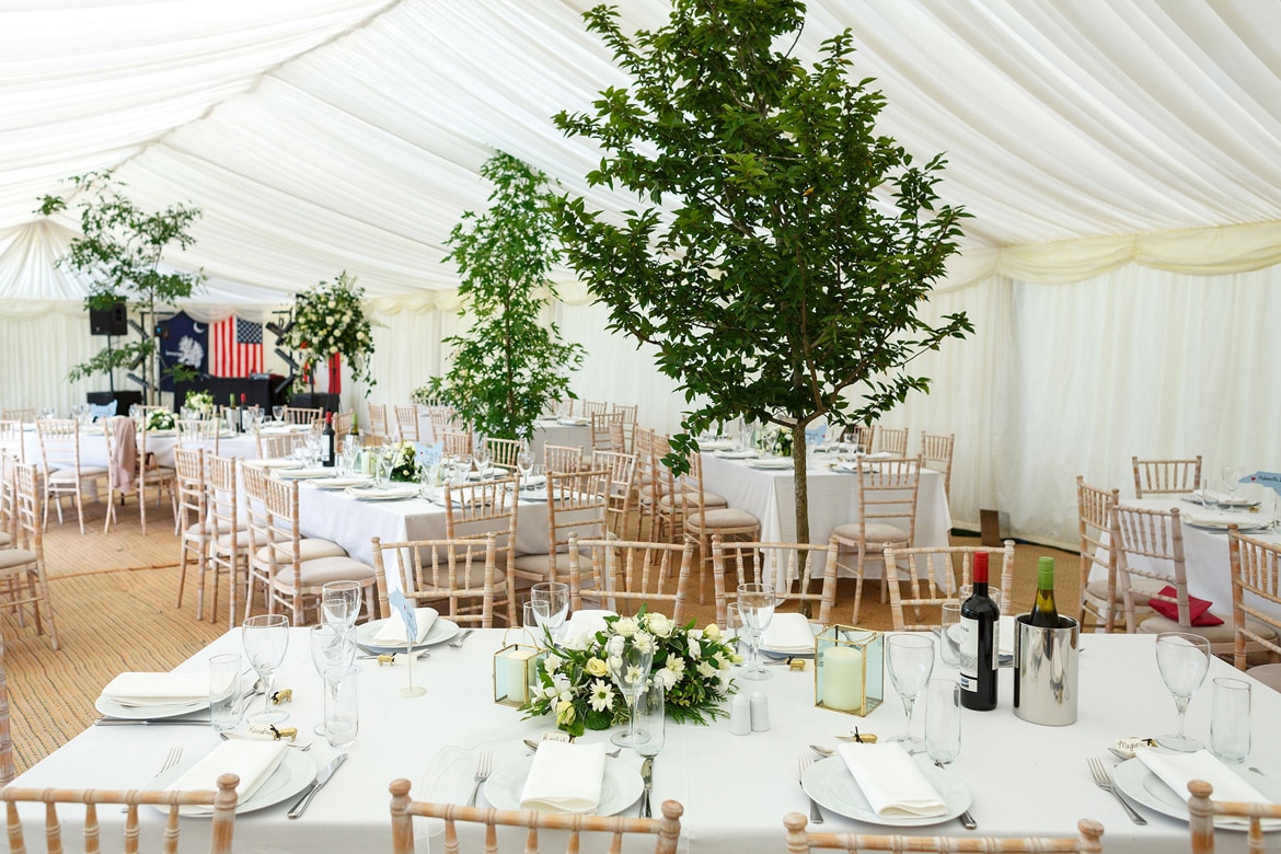 trees inside the marquee at a suffolk wedding